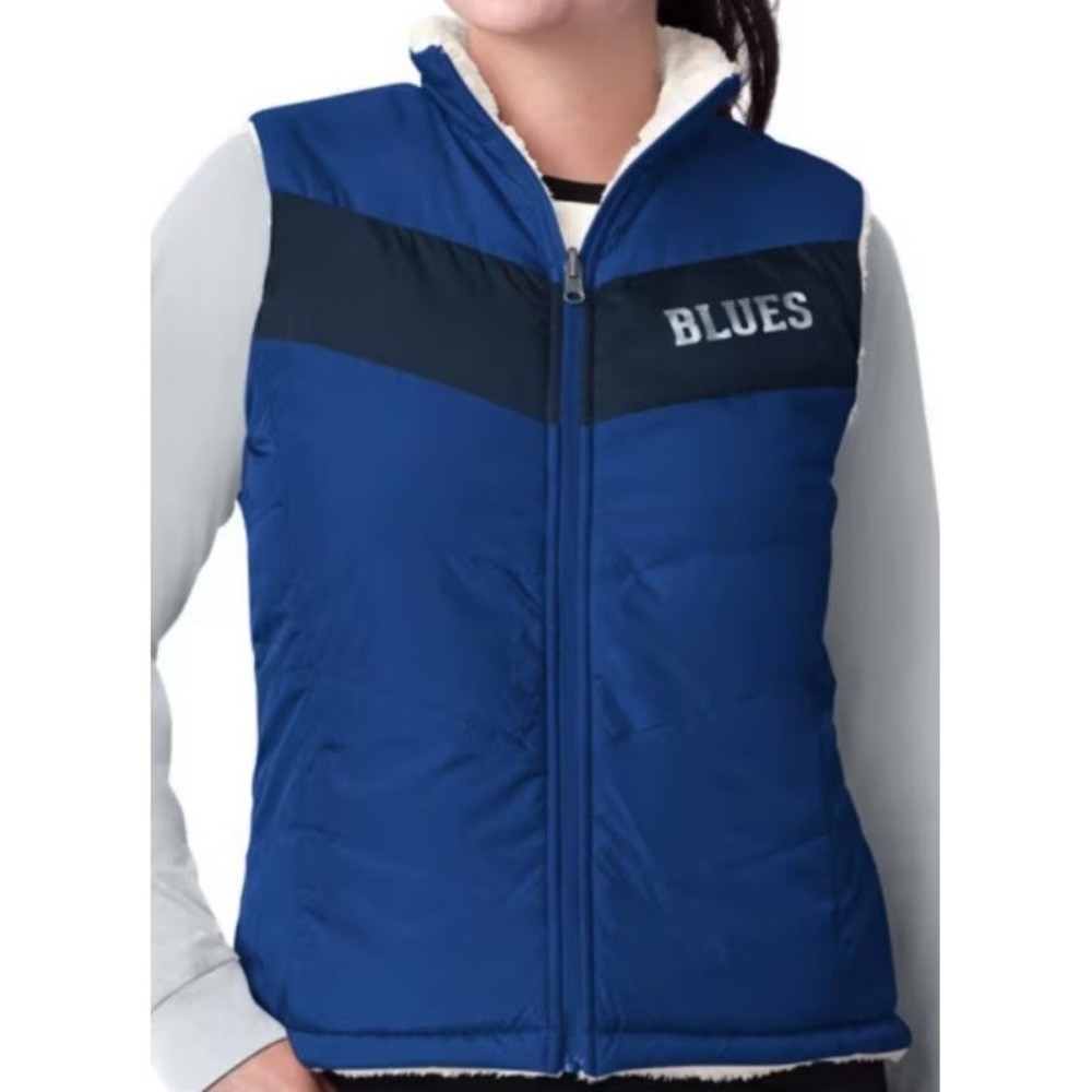 New NHL Reversible Puffer Fuzzy Game Rule Vest Sherpa St. Louis Blues Women's XL